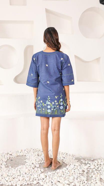 Denim Dress with Embroidered Flower
