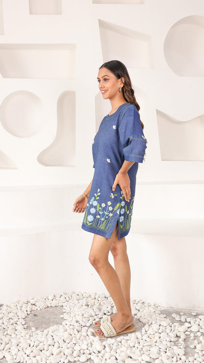 Denim Dress with Embroidered Flower