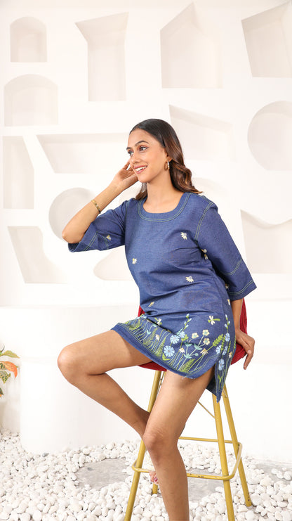 Denim Dress with Embroidered Flower