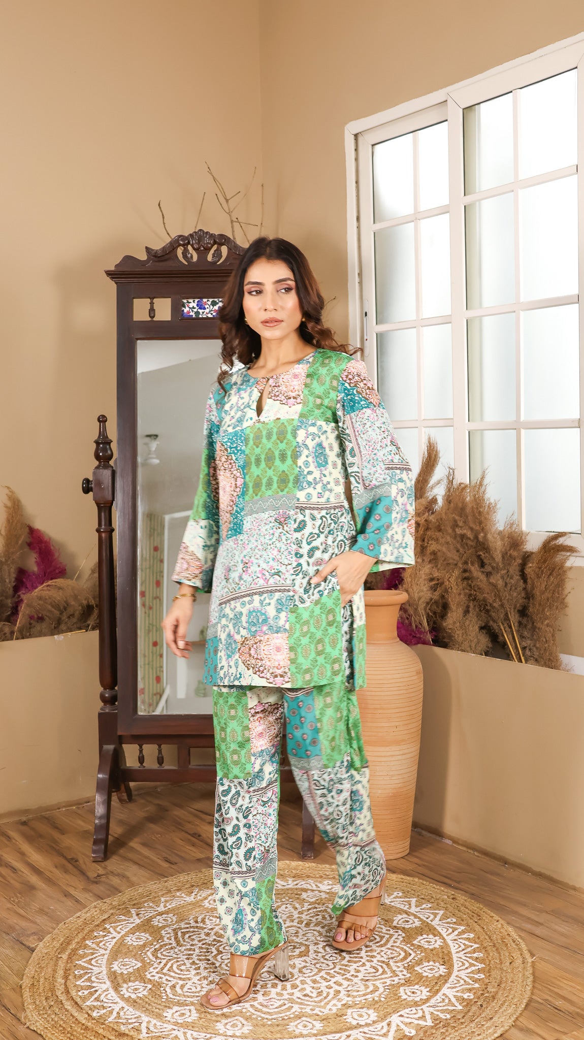 Printed Soft Silk Green Coord