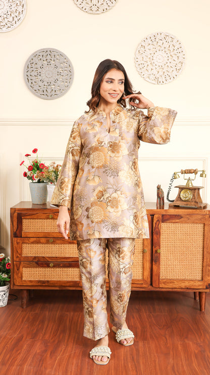 Printed Poly Silk Silk Coord (Grey)