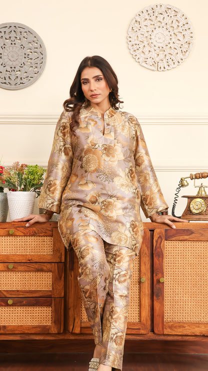 Printed Poly Silk Silk Coord (Grey)