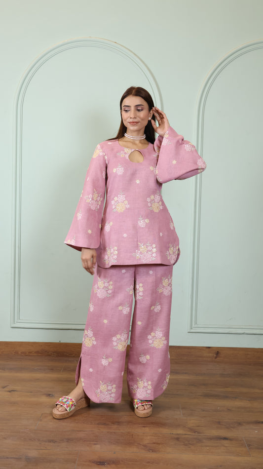 Pink Sequenced Linen set