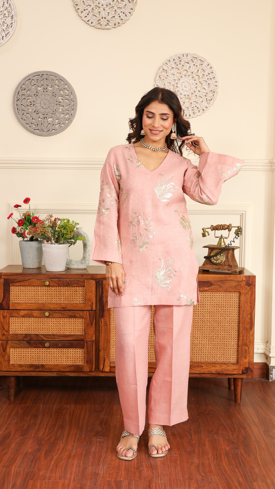 Pink gold Sequenced Linen Set