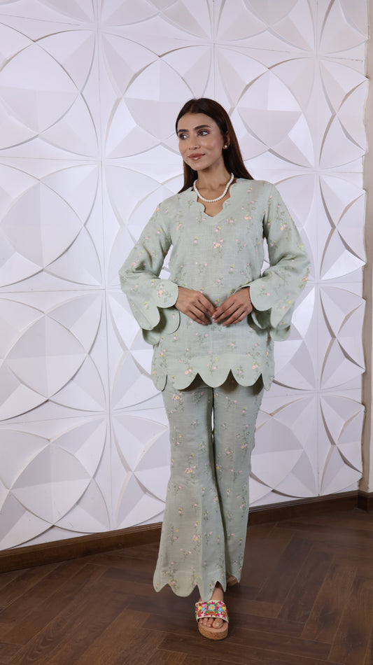 Fully Green Embroidered Linen Set