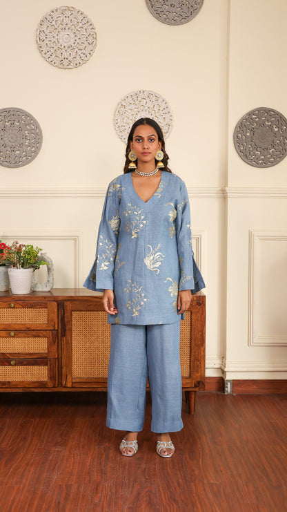 Blue gold Sequenced Linen Set