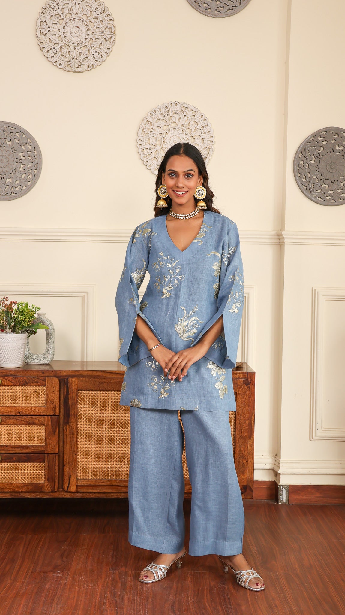 Blue gold Sequenced Linen Set