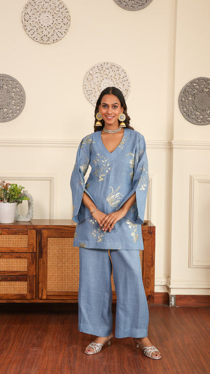 Blue gold Sequenced Linen Set