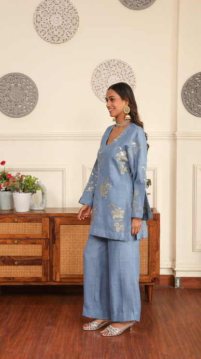 Blue gold Sequenced Linen Set