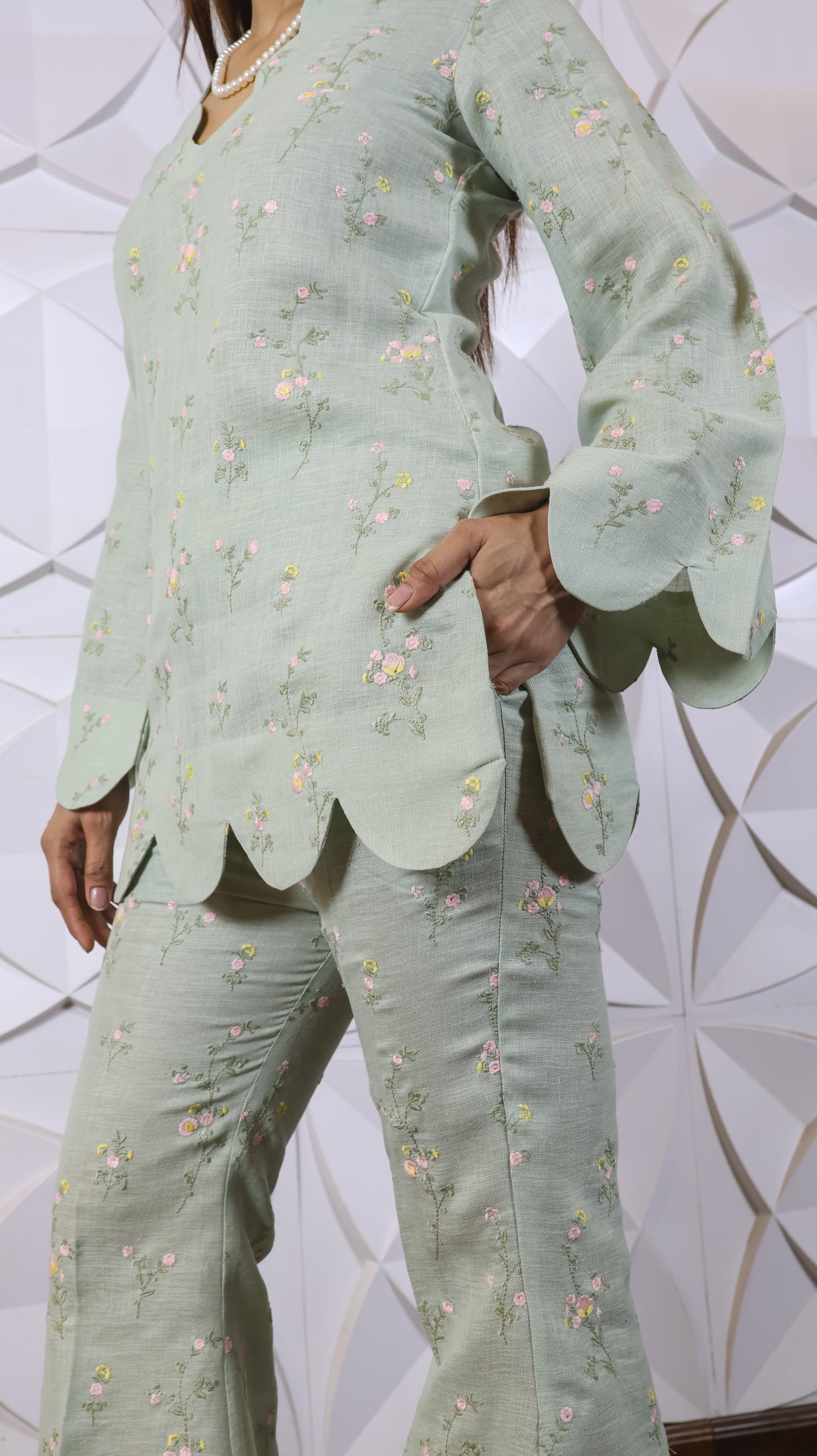 Fully Green Embroidered Linen Set