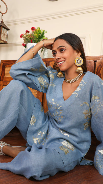 Blue gold Sequenced Linen Set