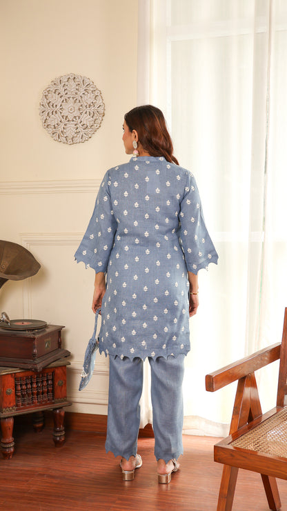 Blue Embrodered Linen Set