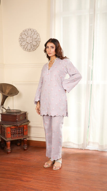 Greyish Flower Embroidered Linen Set
