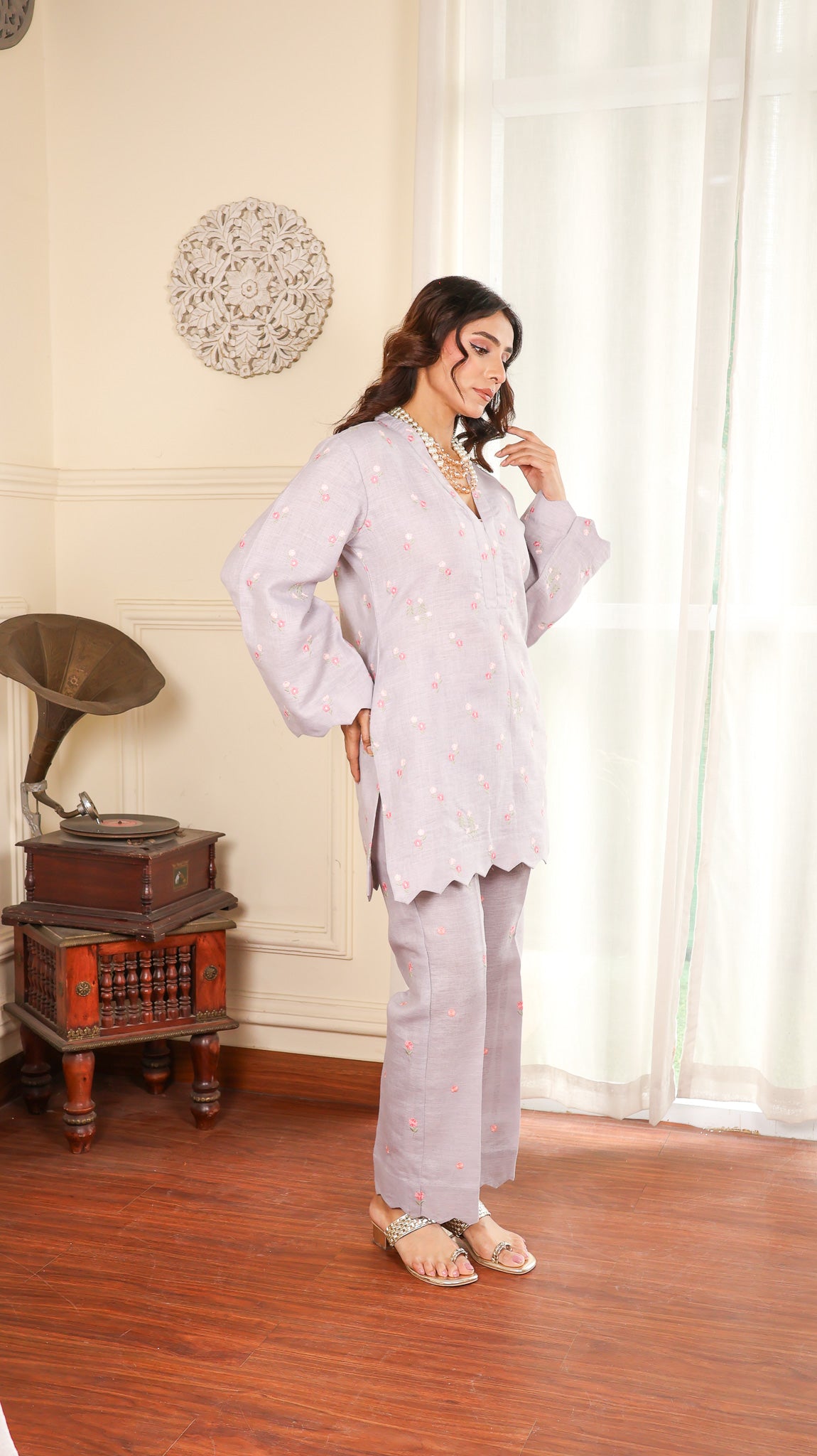 Greyish Flower Embroidered Linen Set
