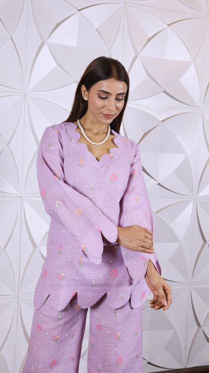 Purple Embroidered Linen set