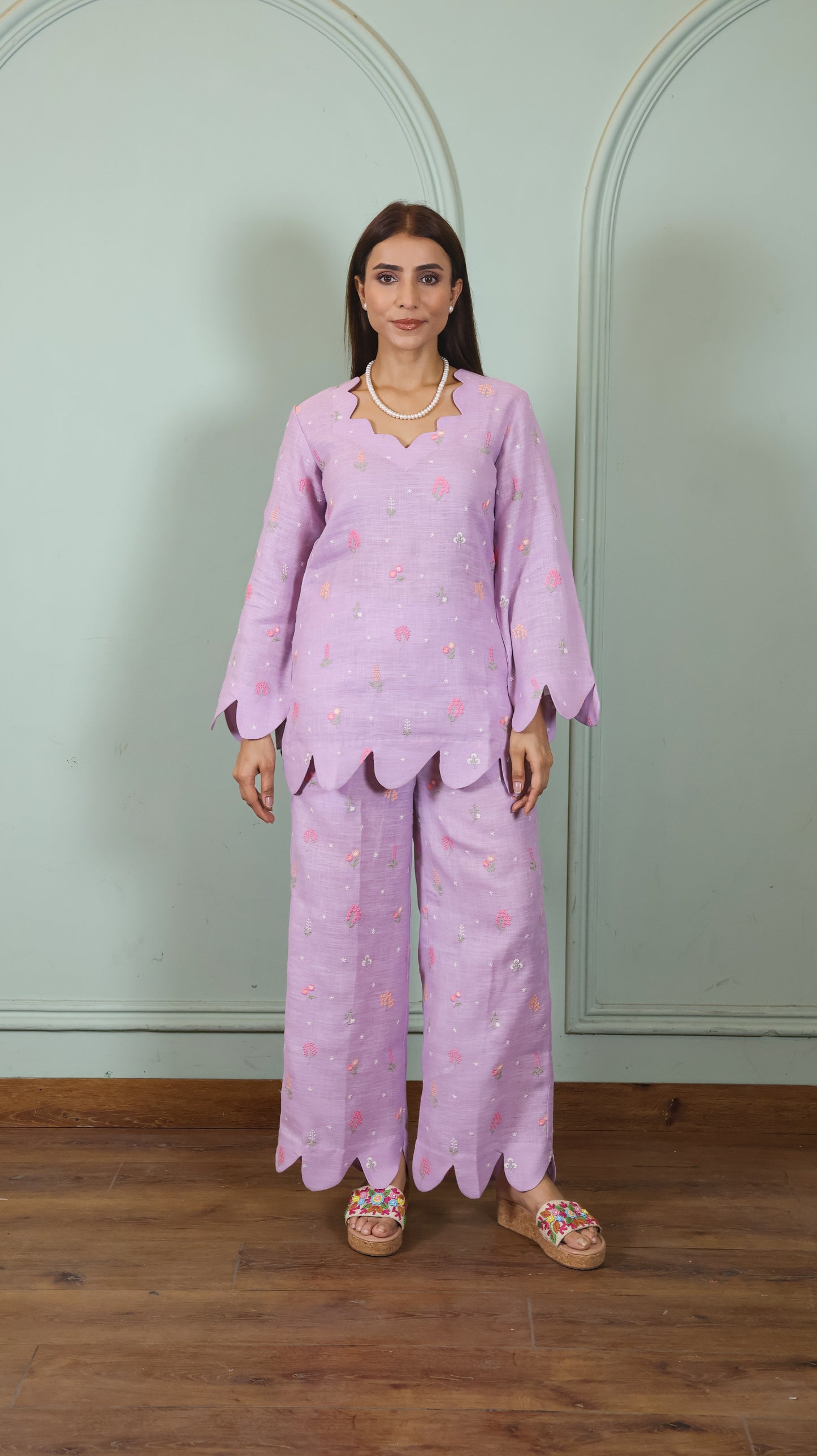 Purple Embroidered Linen set