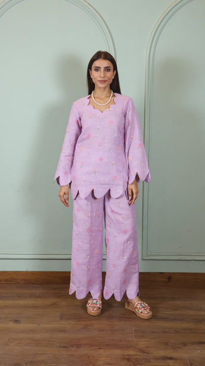 Purple Embroidered Linen set