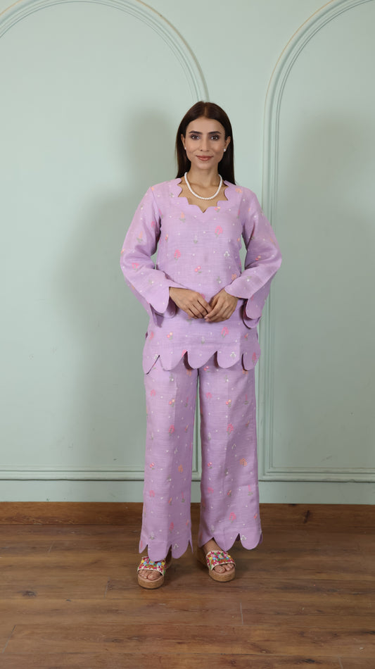 Purple Embroidered Linen set