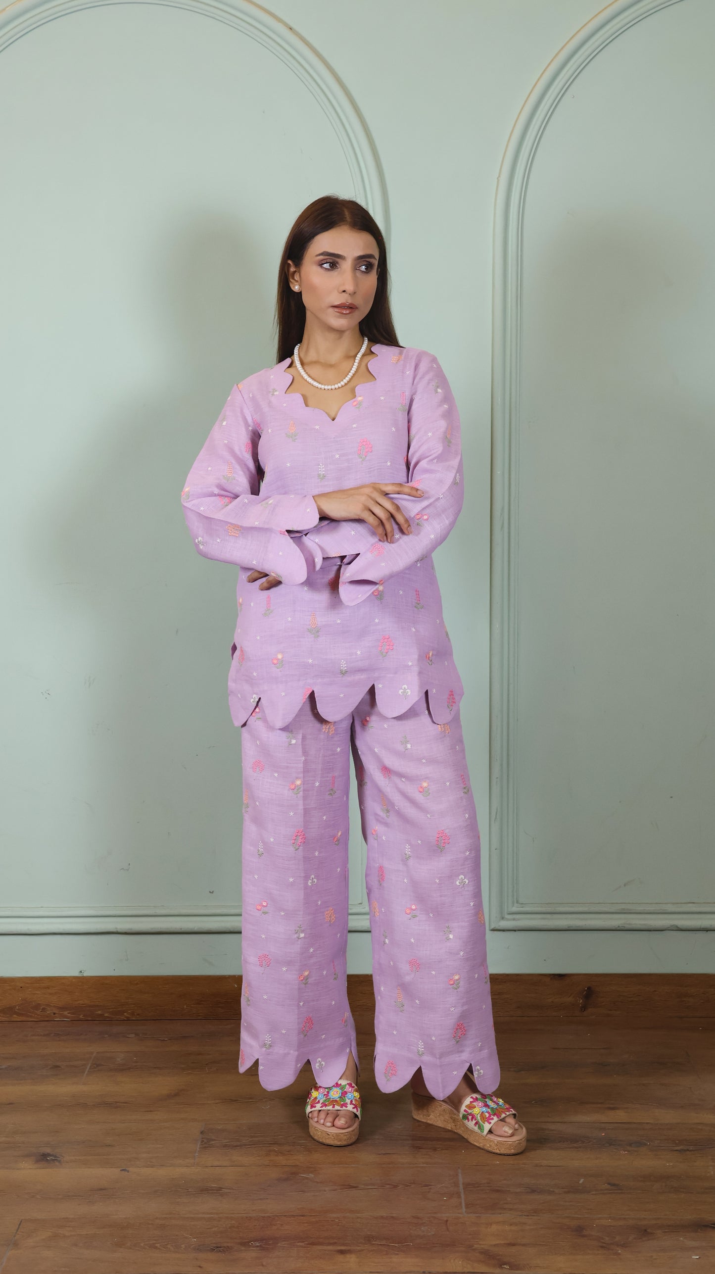 Purple Embroidered Linen set