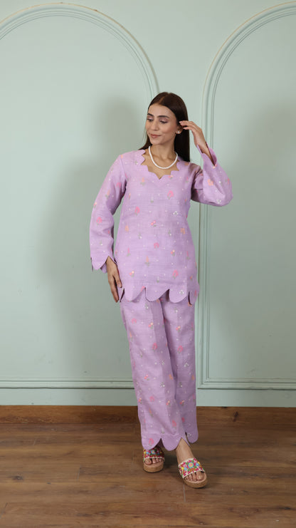 Purple Embroidered Linen set
