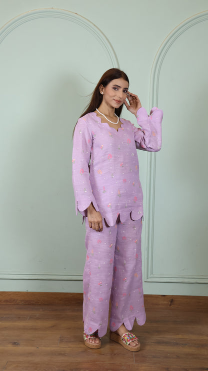 Purple Embroidered Linen set