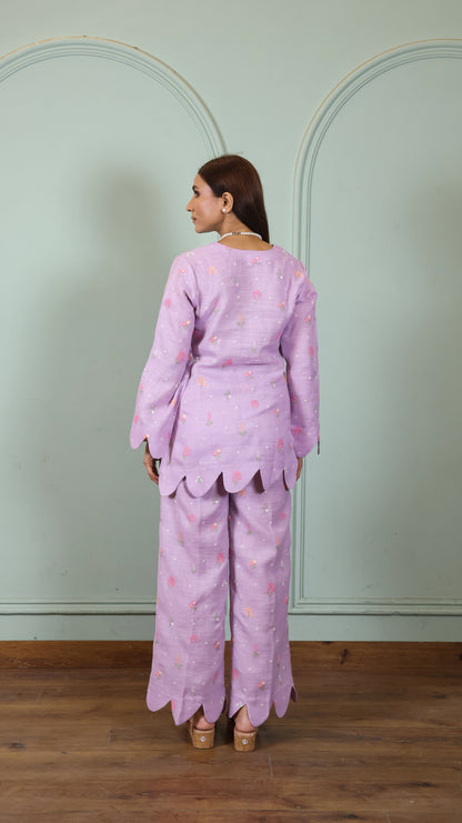 Purple Embroidered Linen set