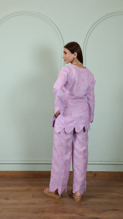 Purple Embroidered Linen set