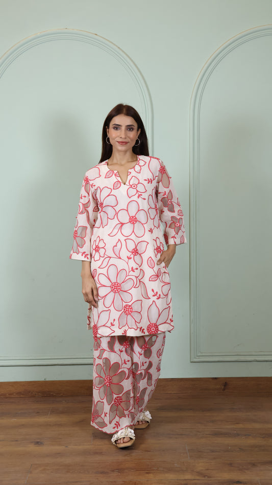 Off white Cut work Pink Kurta set