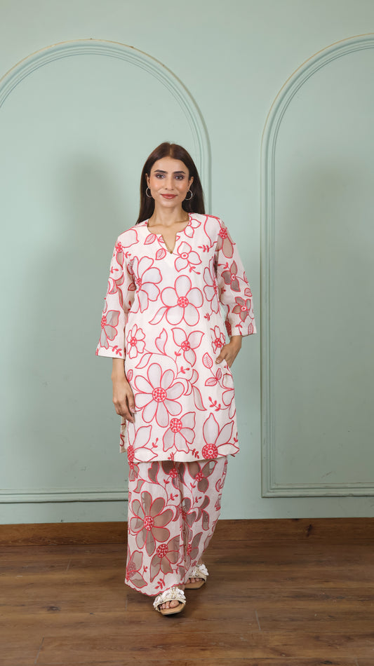 Off white Cut work Pink Kurta set
