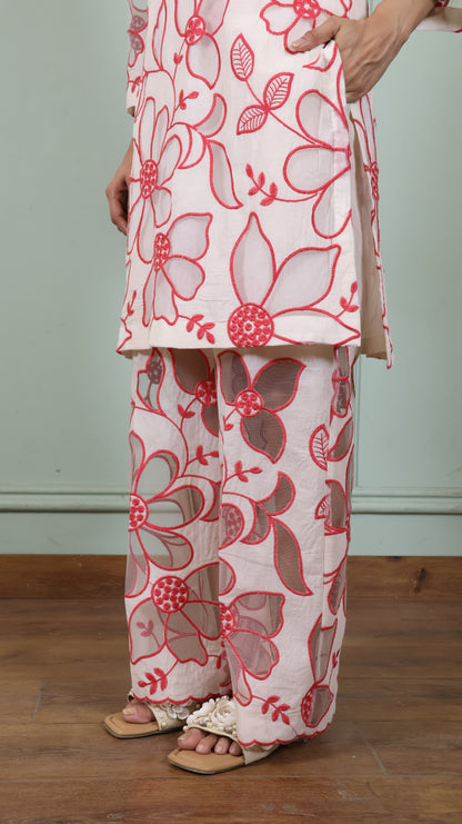 Off white Cut work Pink Kurta set