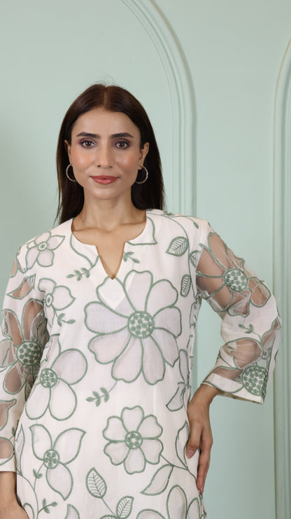 Offwhite Cut work green Kurta set
