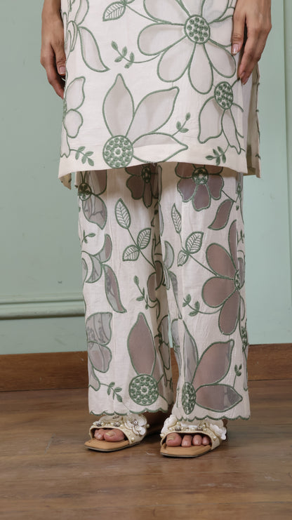 Offwhite Cut work green Kurta set