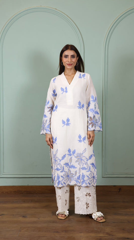 Off white Cut work Blue kurta Set
