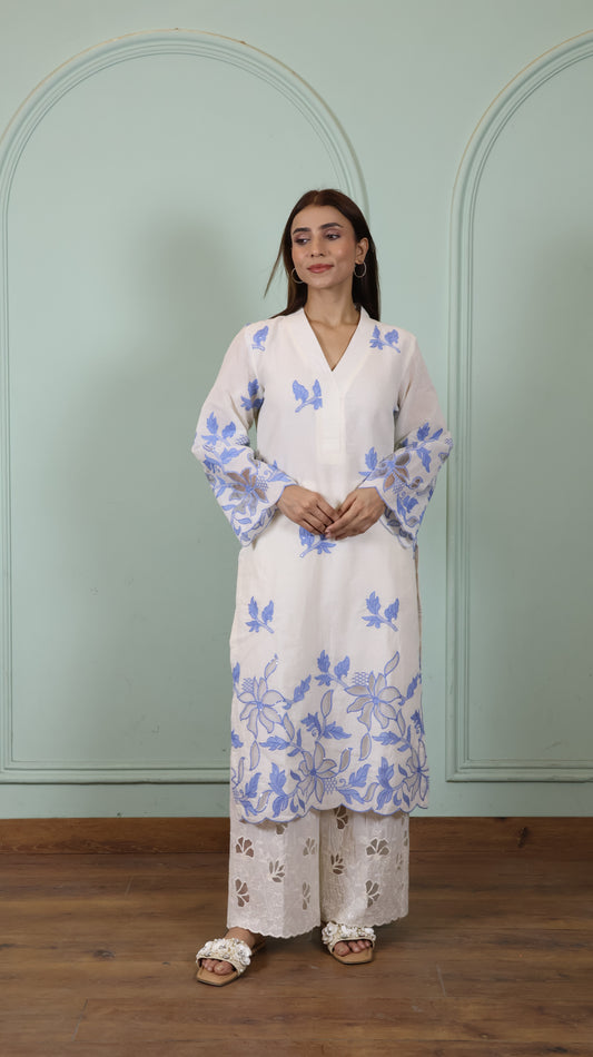 Off white Cut work Blue kurta Set