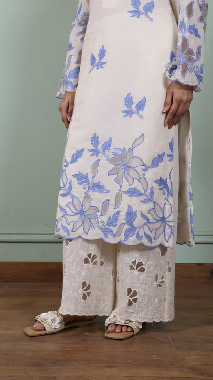Off white Cut work Blue kurta Set