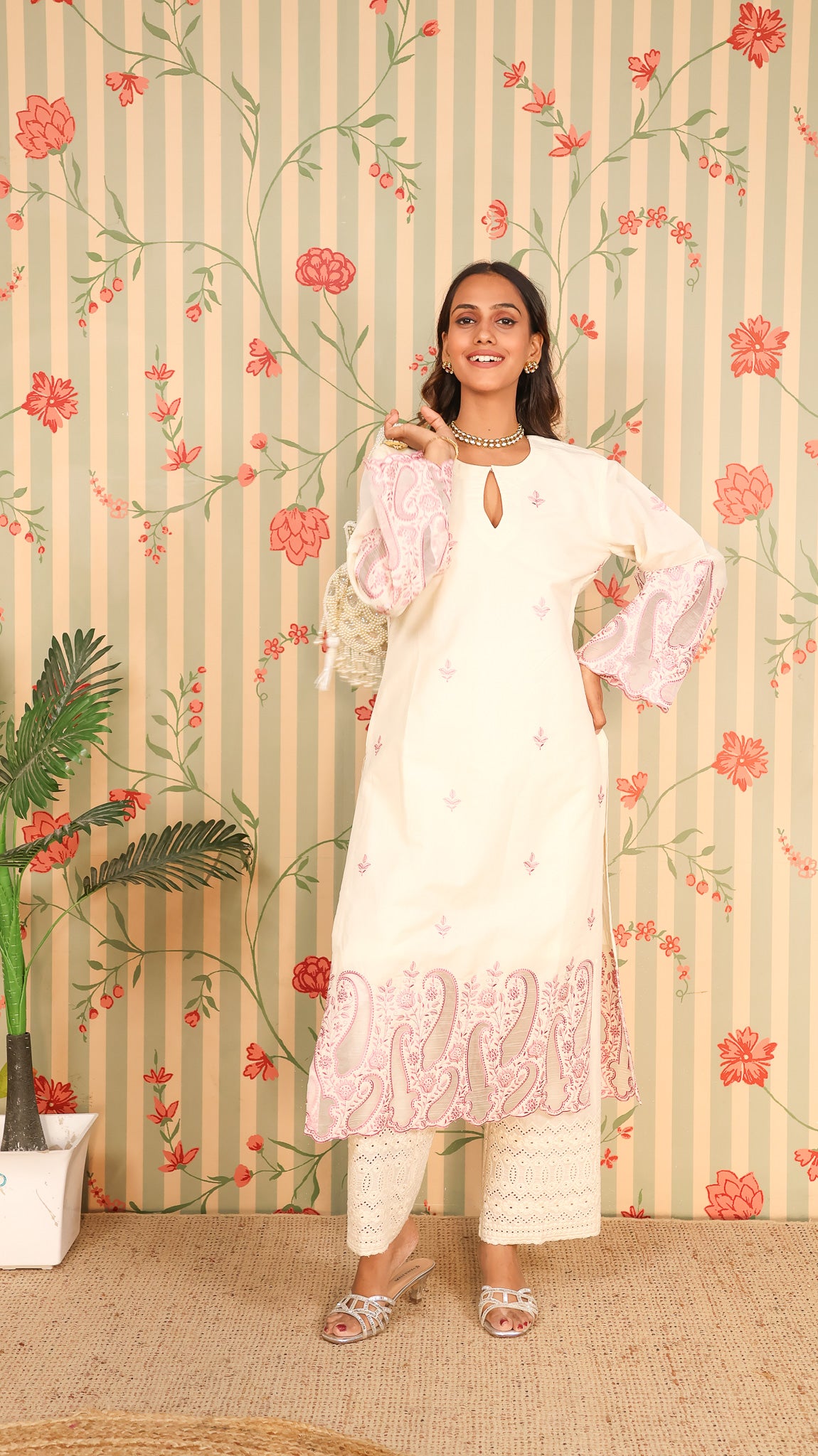 Offwhite Pink Kurta Set with Pants