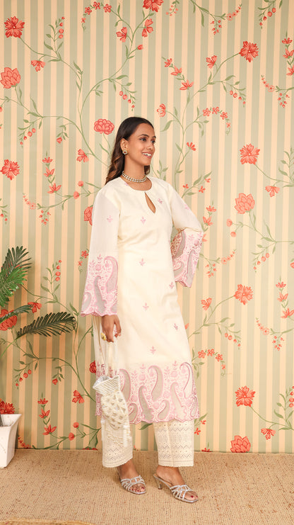 Offwhite Pink Kurta Set with Pants