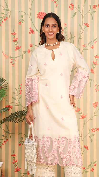 Offwhite Pink Kurta Set with Pants