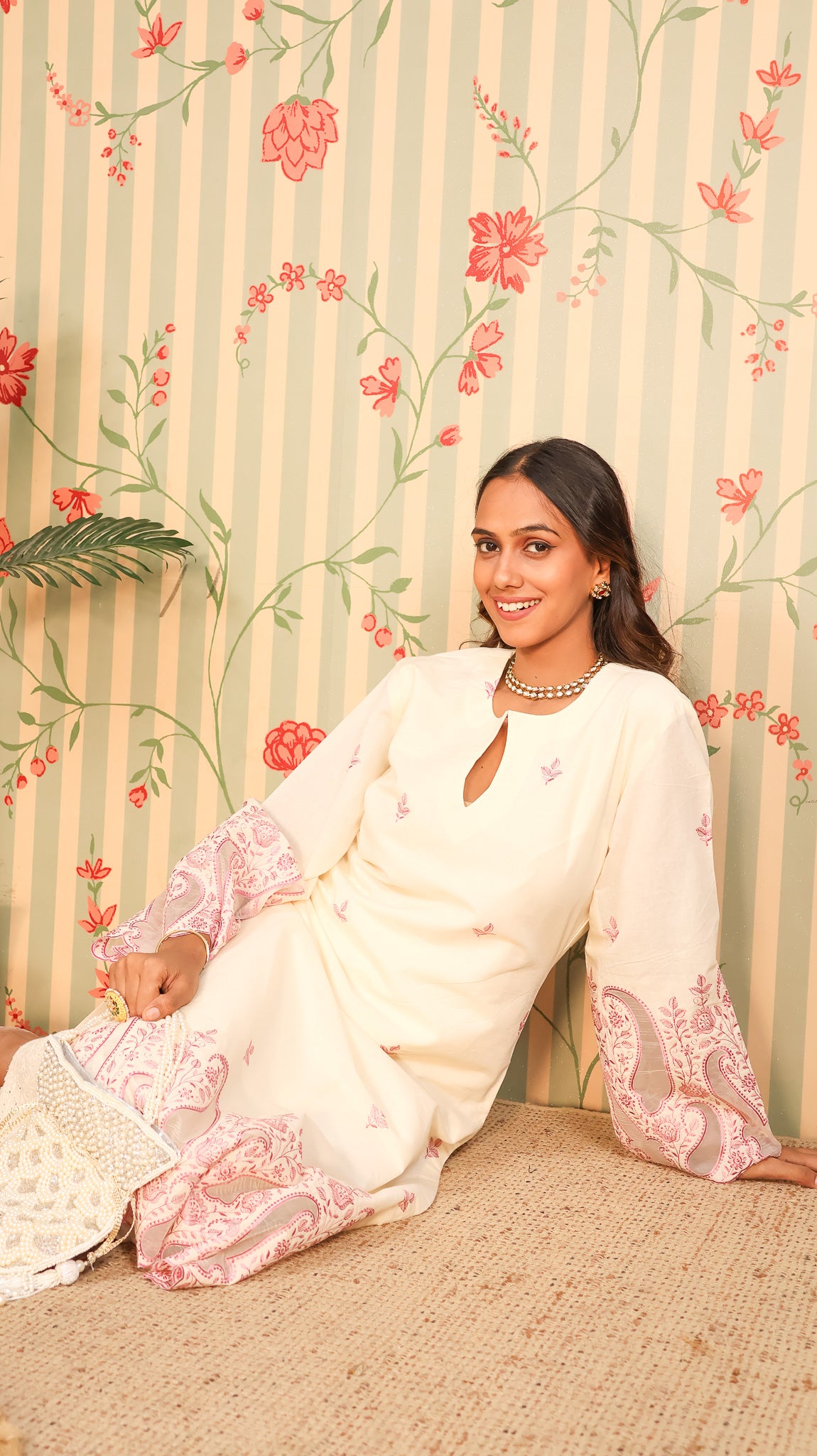 Offwhite Pink Kurta Set with Pants