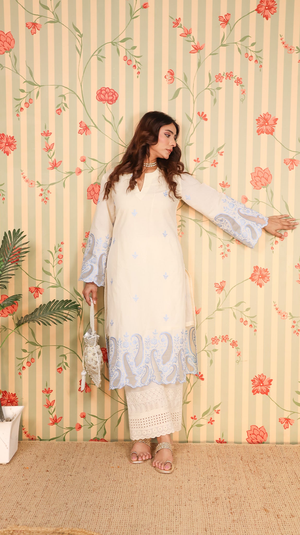 Offwhite Blue Kurta set with Pants