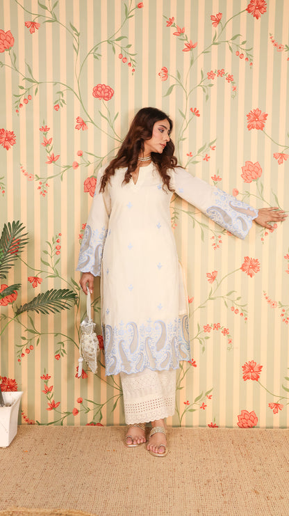 Offwhite Blue Kurta set with Pants