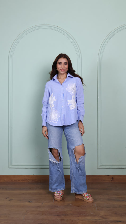 Patchwork blue striped cotton shirt