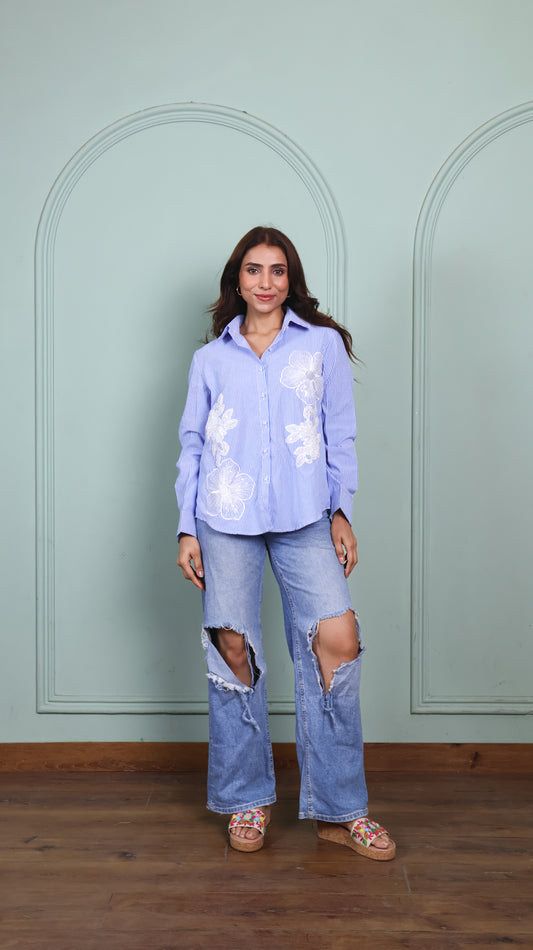 Patchwork blue striped cotton shirt