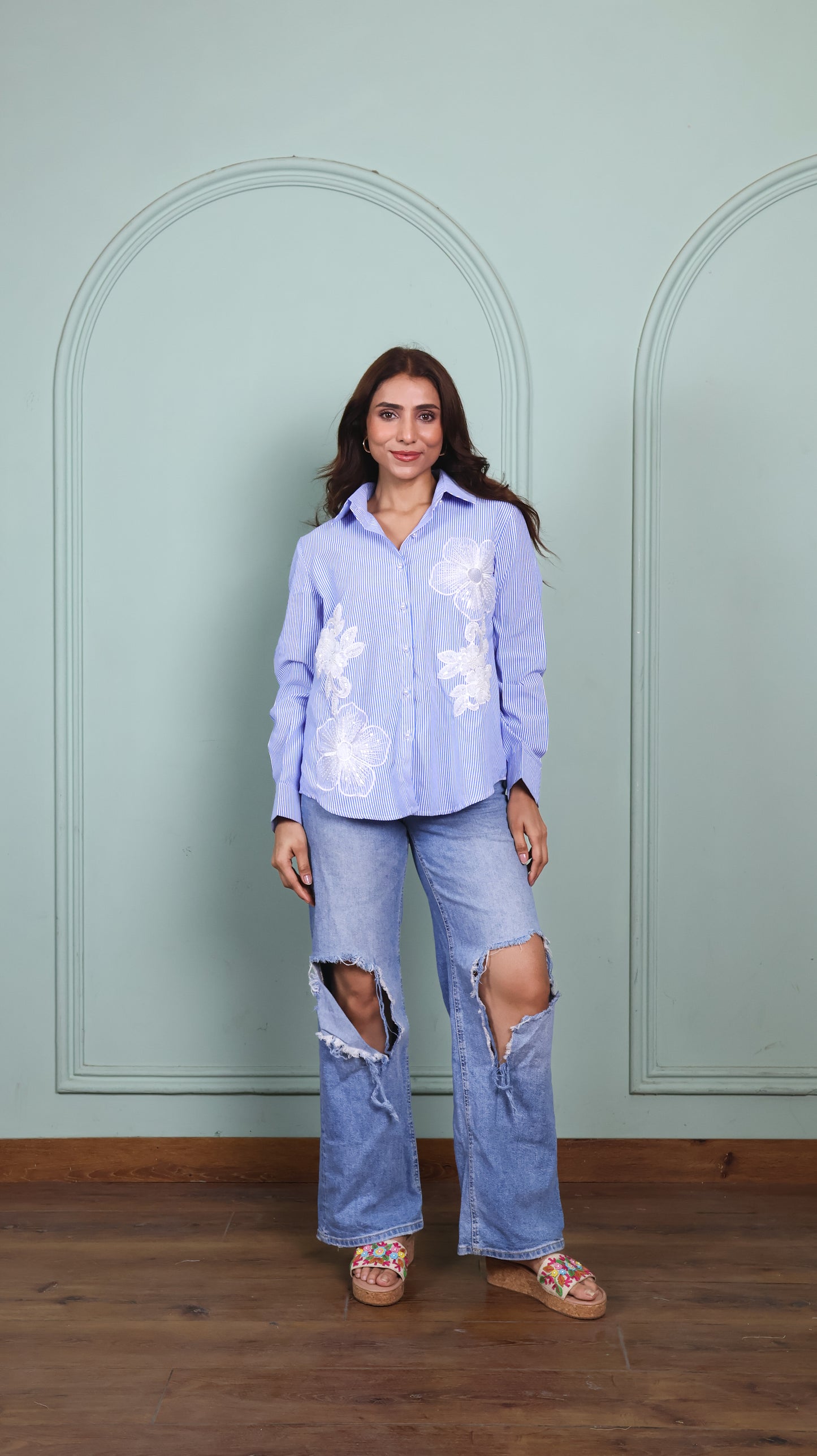 Patchwork blue striped cotton shirt