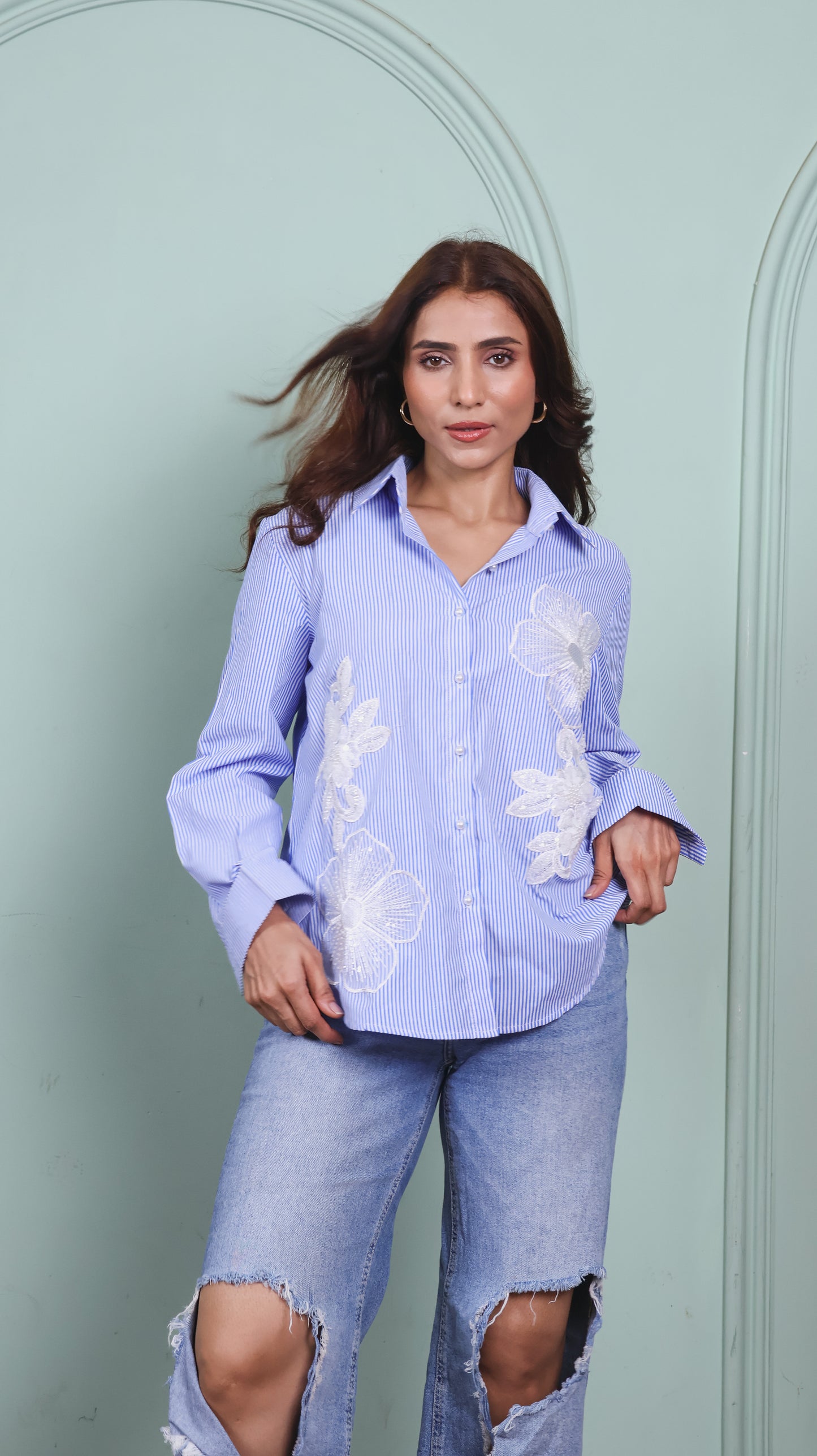 Patchwork blue striped cotton shirt