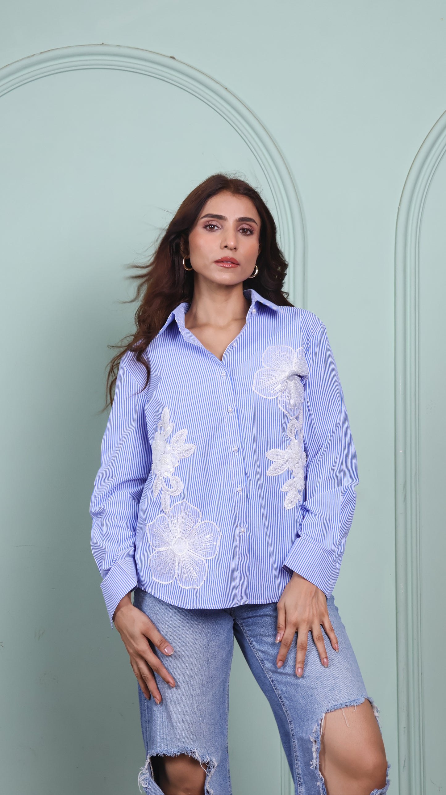 Patchwork blue striped cotton shirt