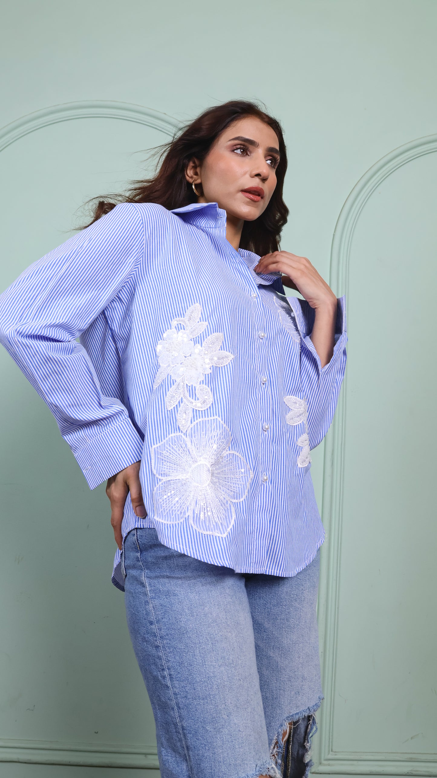 Patchwork blue striped cotton shirt