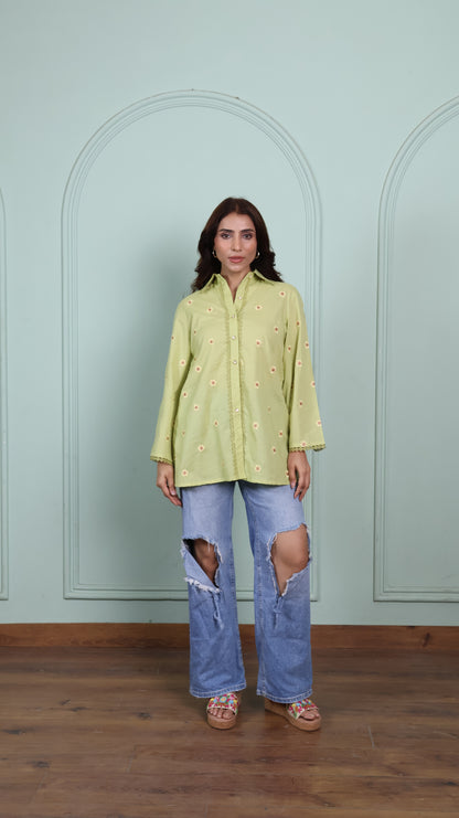 Green Lace shirt with embroidered flowers