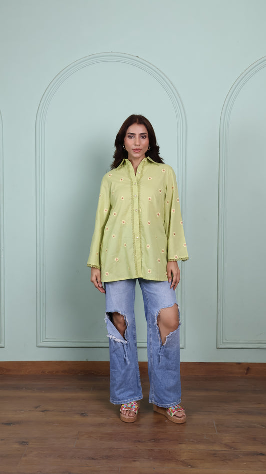 Green Lace shirt with embroidered flowers