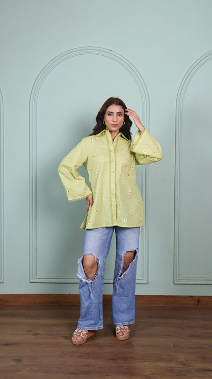 Green Lace shirt with embroidered flowers